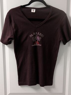 Malibu Brown V-Neck Tee with Rhinestone Palm Graphic